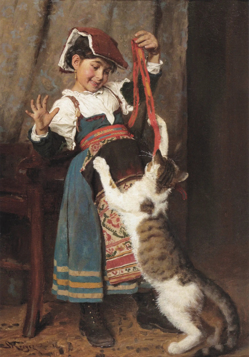 Uma menina pequena de vestido campesino, brincando com um gato. - Peder Severin Krøyer
