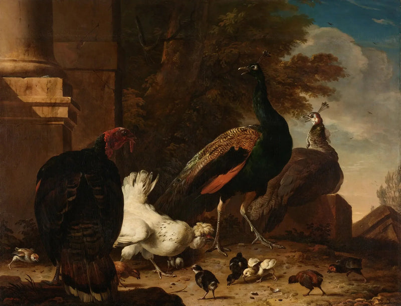 Uma galinha com pavões e um peru - Melchior de Hondecoeter
