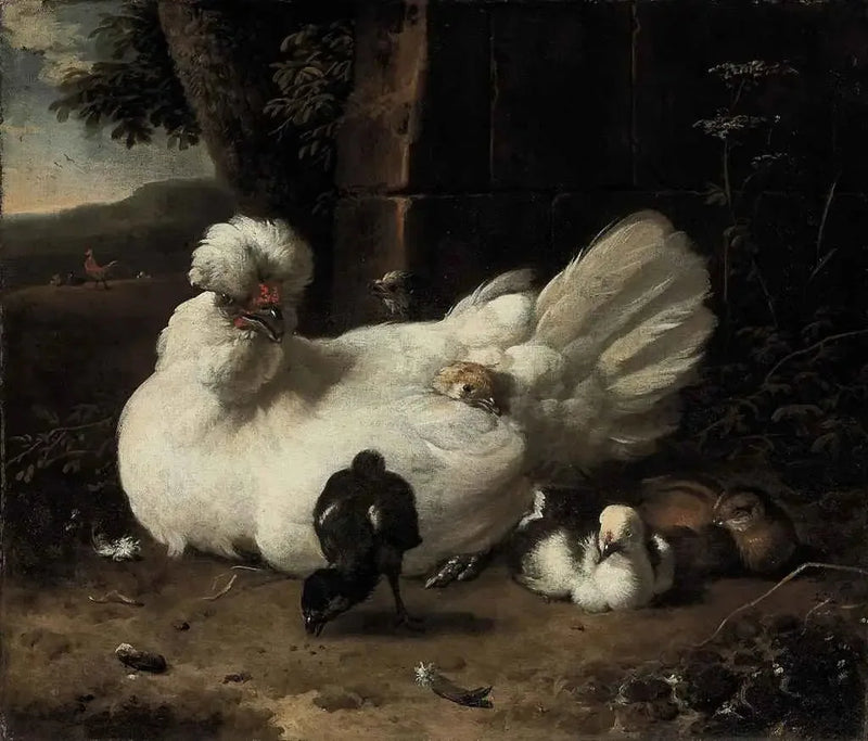 Uma galinha com pintinhos em uma paisagem - Melchior de Hondecoeter