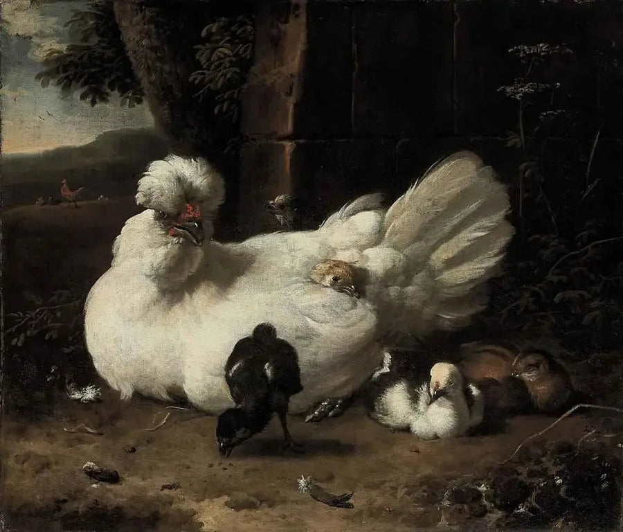 Uma galinha com pintinhos em uma paisagem - Melchior de Hondecoeter