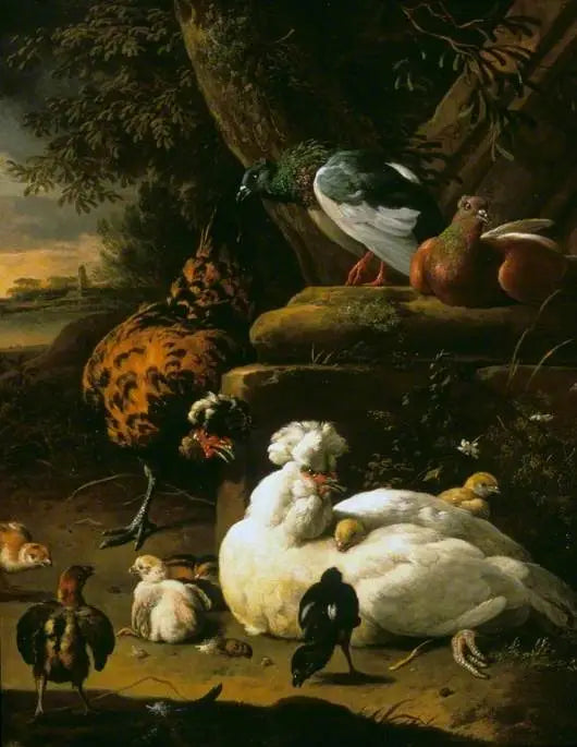Uma galinha com pintinhos, um galo e pombos em uma paisagem - Melchior de Hondecoeter
