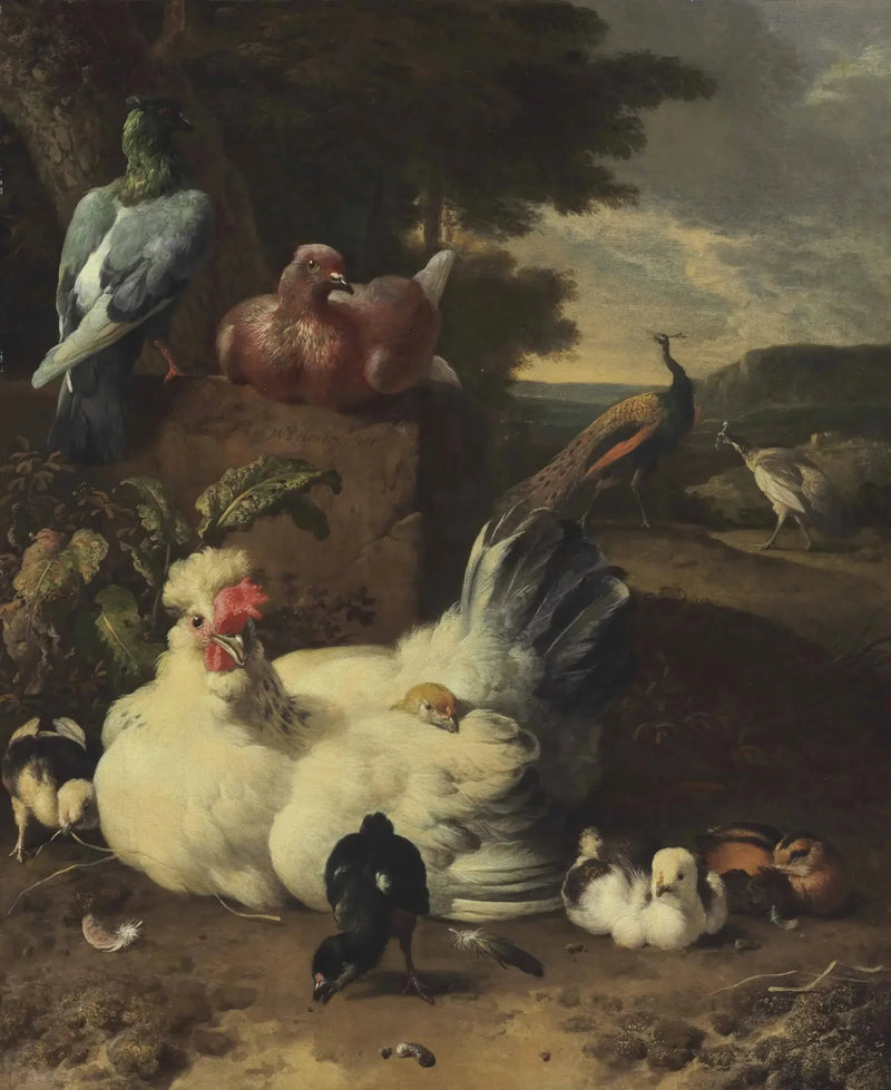 Uma galinha, pintinhos, pombas e pavões ao lado de uma parede de pedra em uma paisagem - Melchior de Hondecoeter