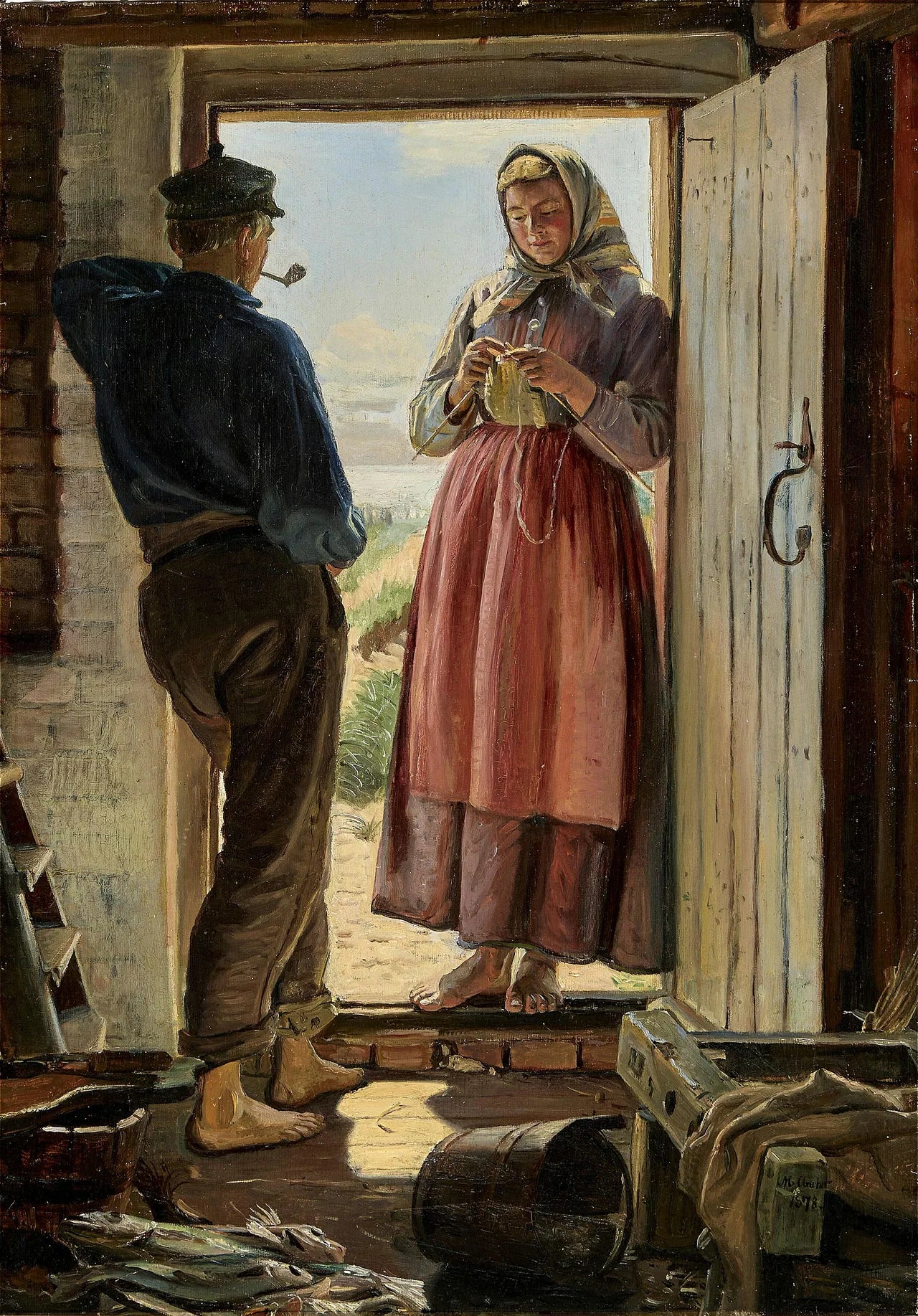 Une proposition. Un jeune pêcheur et une jeune femme tricotent dans l'embrasure d'une porte. - Michael Peter Ancher image 1 tableau peint à l’huile sur toile