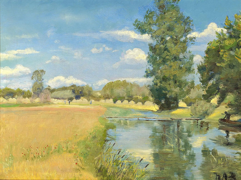 Um rio atravessando uma paisagem no momento da colheita. - H. A. Brendekilde