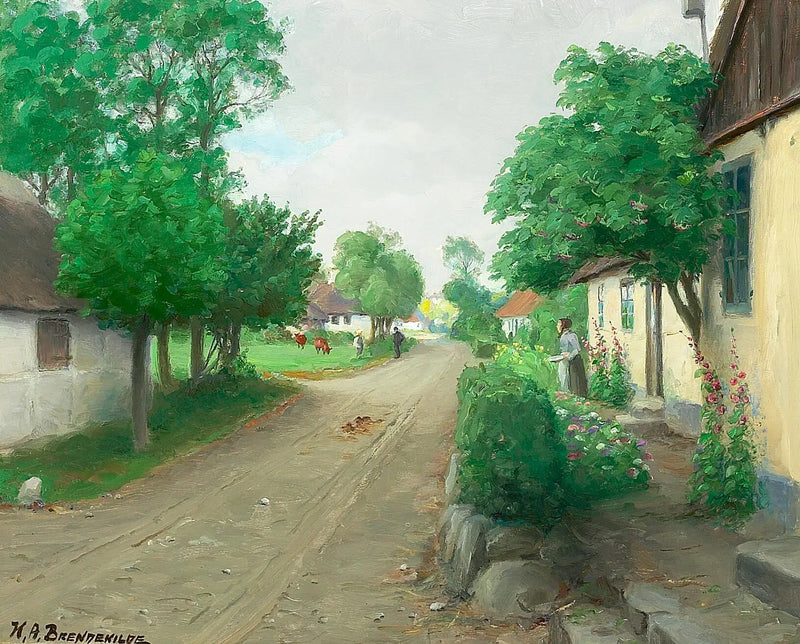 Uma estrada de vila com pessoas, vacas e malmequeres em flor. - H. A. Brendekilde