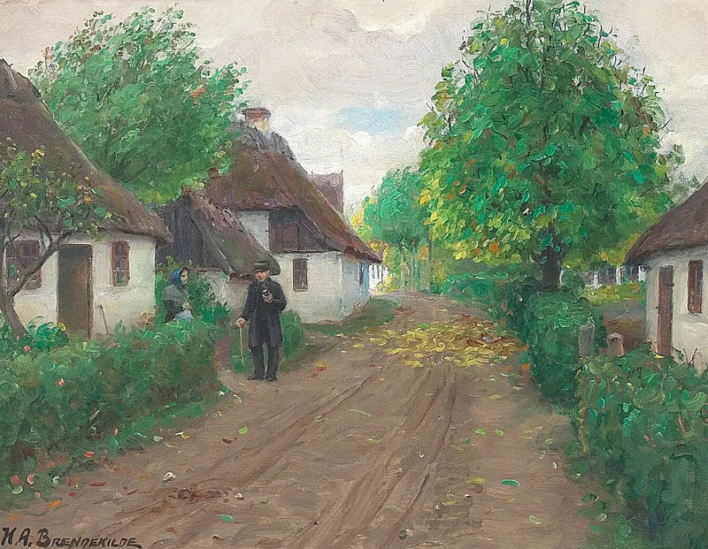 Uma estrada de vila com duas pessoas conversando. - H. A. Brendekilde