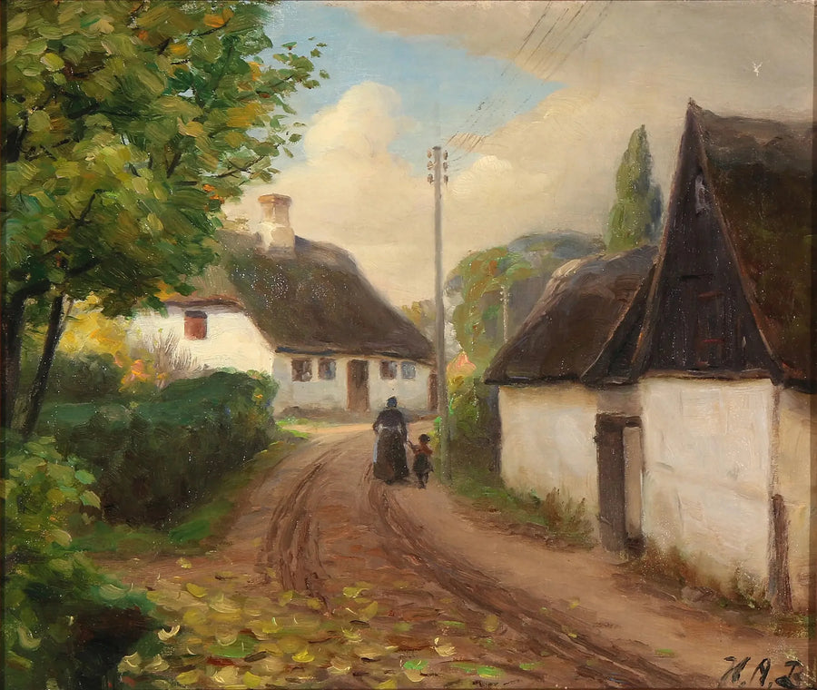 Uma estrada de vila com uma mulher e uma criança caminhando de mãos dadas - H. A. Brendekilde