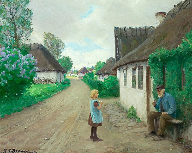 Uma estrada de vila com uma jovem falando com o velho Jens Wilhelm de Jyllinge, de 93 anos. - H. A. Brendekilde