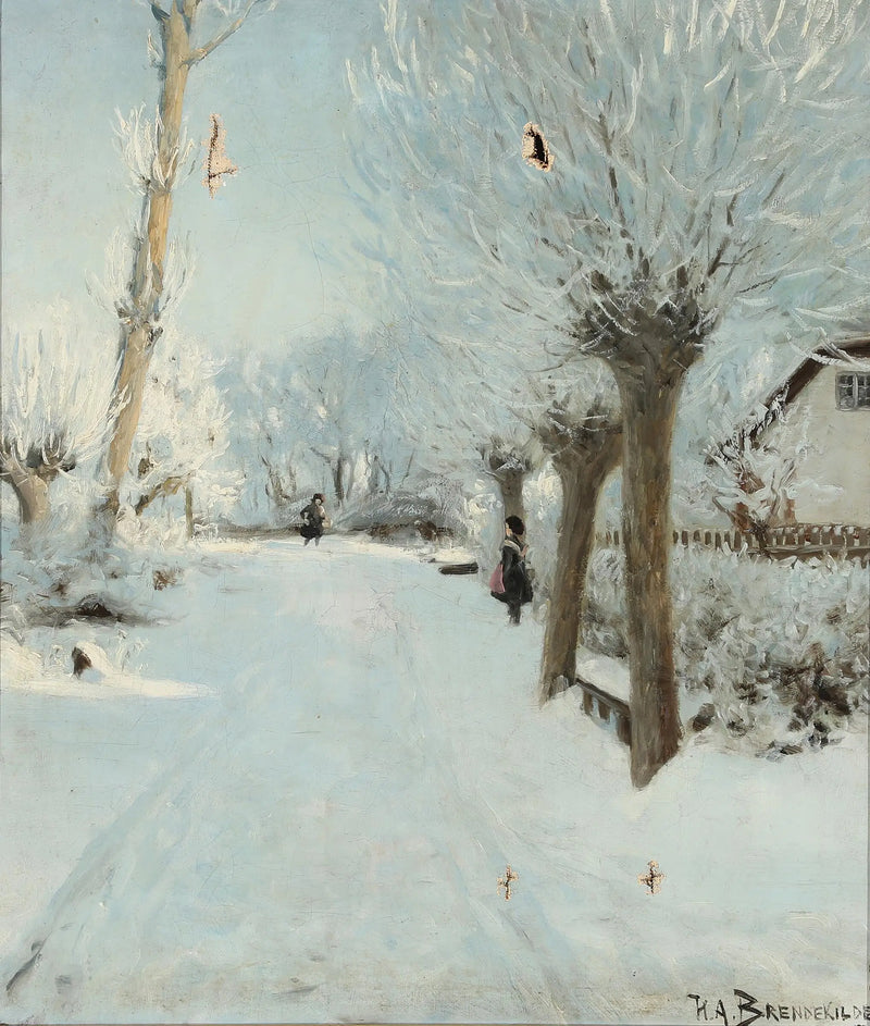 Uma estrada ensolarada e coberta de neve com duas crianças. - H. A. Brendekilde