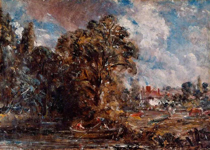 Uma cena de rio com uma fazenda à beira da água - John Constable
