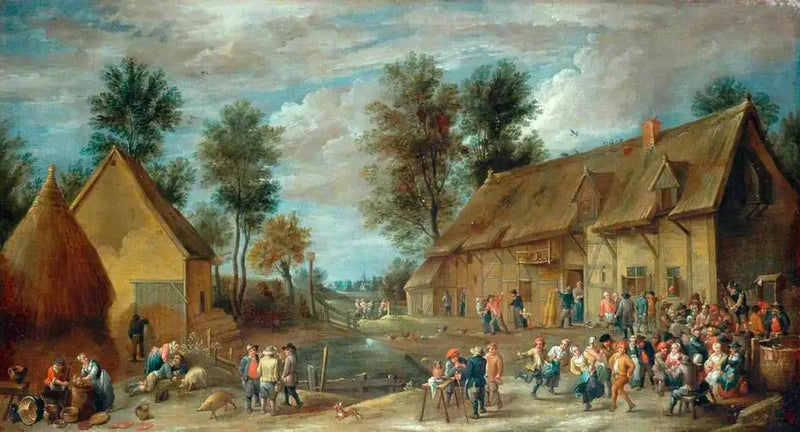 Uma cena de vila com camponeses se divertindo na frente de uma pousada - David Teniers Júnior