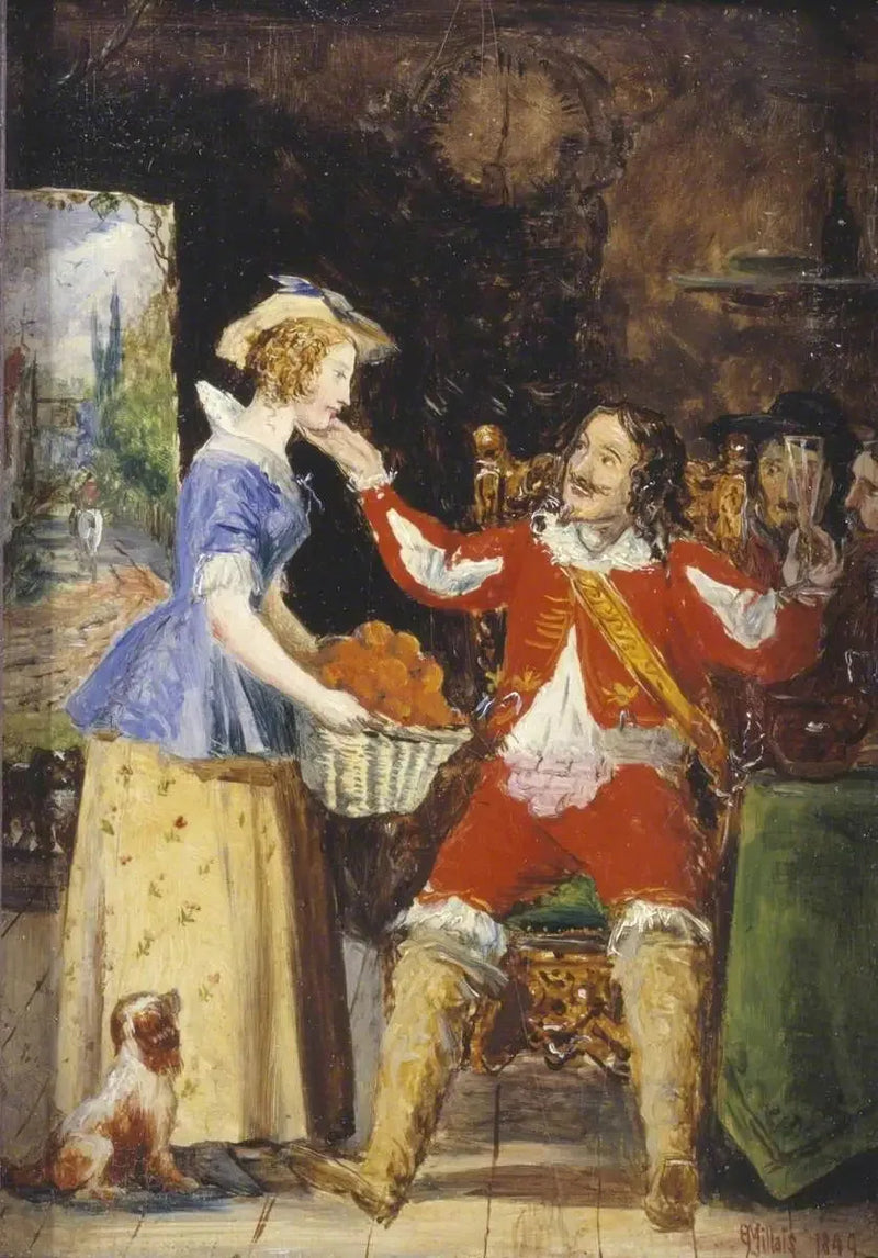 Uma criada oferecendo uma cesta de frutas a um cavaleiro - John Everett Millais