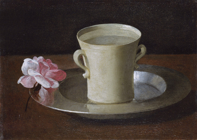 Uma xícara de água e uma rosa em uma bandeja de prata - Francisco de Zurbarán
