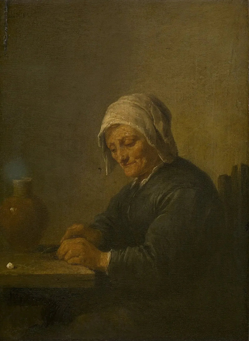 Uma idosa cortando tabaco - David Teniers o Jovem