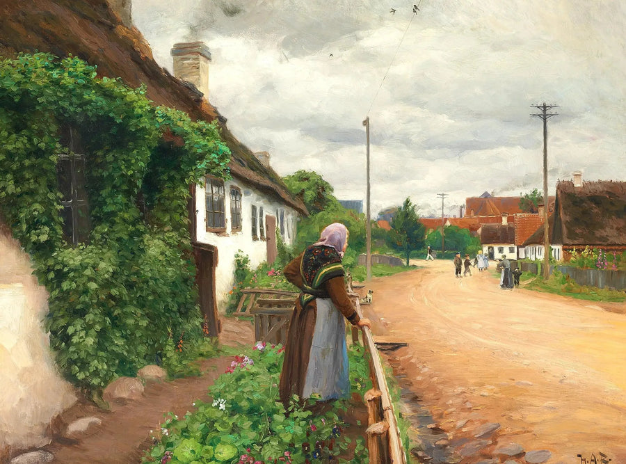 Uma idosa observa as crianças da aldeia enquanto brincam. - H. A. Brendekilde