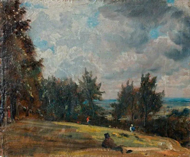 Uma vista em Hampstead com árvores e personagens - John Constable