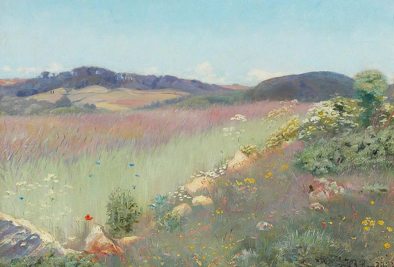 Uma vista de uma paisagem de verão dinamarquesa com flores. - H. A. Brendekilde