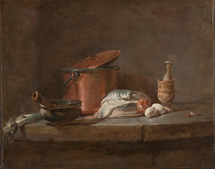 Utensílios de cozinha com alho-poró, peixe e ovos - Jean Simeón Chardin