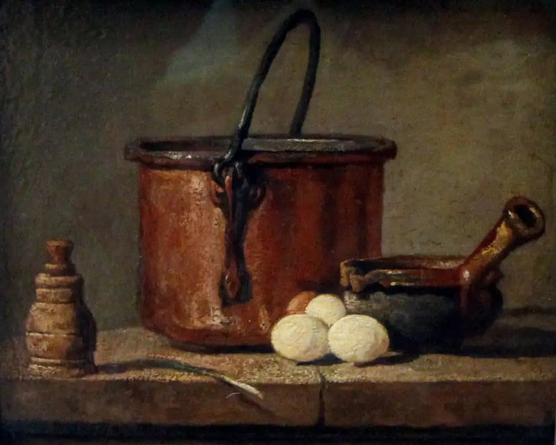 Utensílios de cozinha, caldeirão, frigideira e ovos - Jean Simeón Chardin
