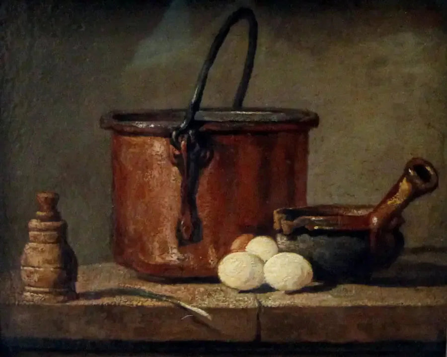 Utensílios de cozinha, caldeirão, frigideira e ovos - Jean Simeón Chardin