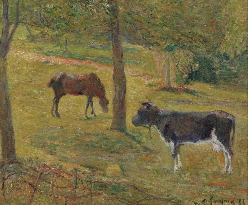 Vaca e cavalo em um prado - Paul Gauguin
