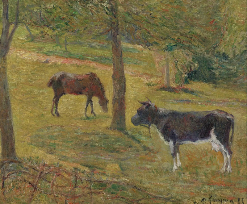 Vaca e cavalo em um prado - Paul Gauguin