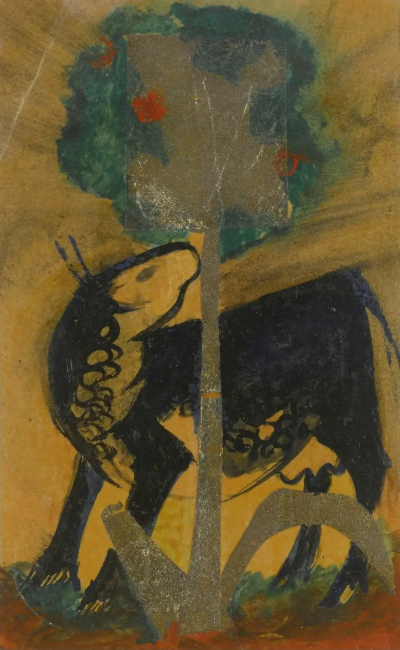Vaca negra atrás de uma árvore - Franz Marc