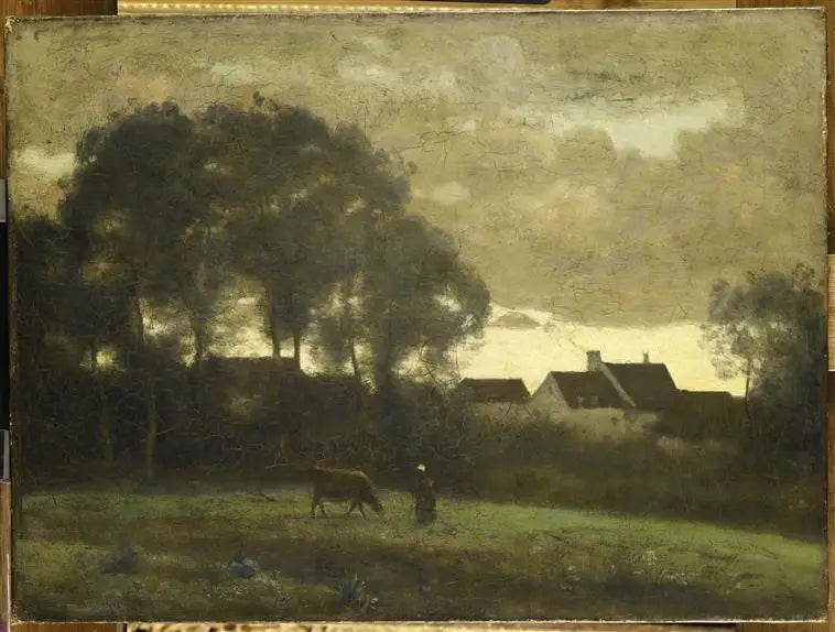 Vachère em um prado ao pôr do sol - Jean-Baptiste Camille Corot
