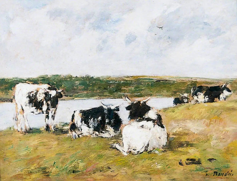 Vacas à beira de um rio - Eugène Boudin