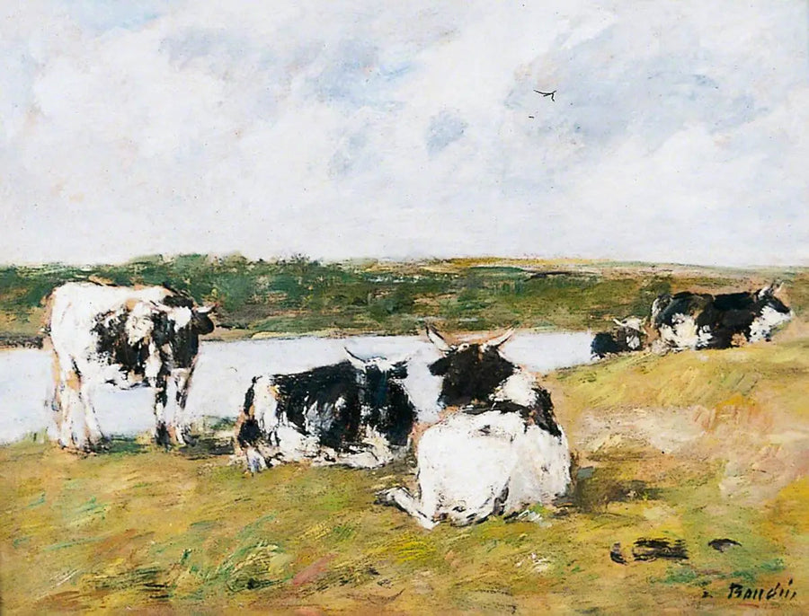 Vacas à beira de um rio - Eugène Boudin