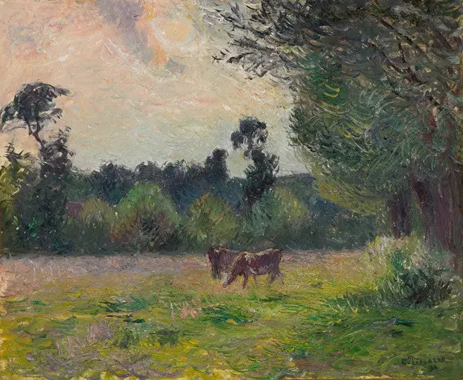 Vacas em um campo, pôr do sol - Camille Pissarro