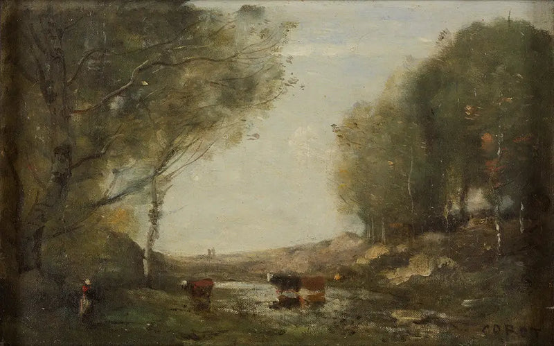 Vacas e água - Jean-Baptiste Camille Corot