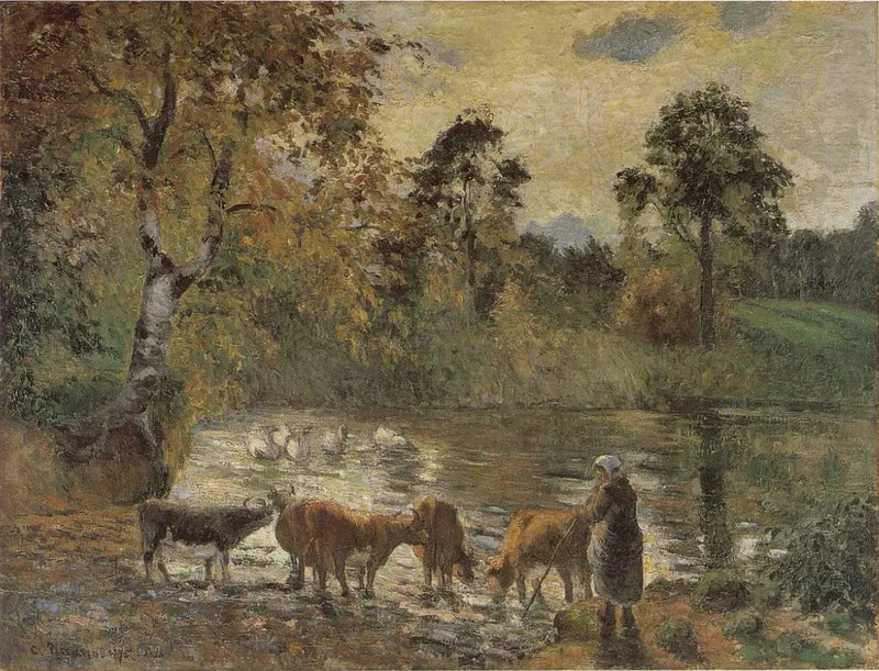 Vacas bebendo no lago de Montfoucault - Camille Pissarro