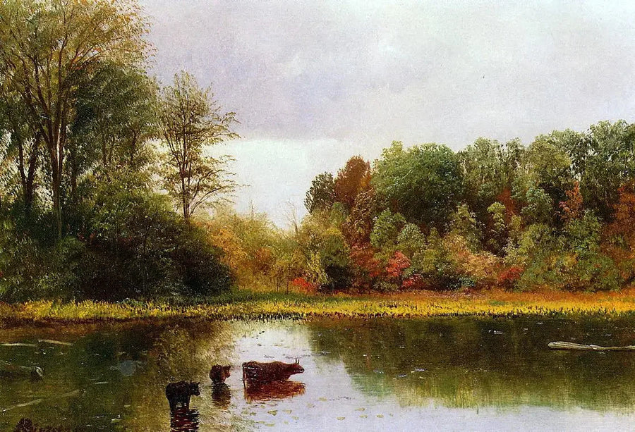 Vacas bebendo água em uma paisagem - Albert Bierstadt