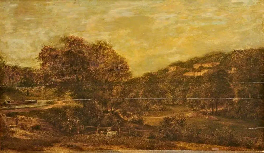 Vale florestal com um riacho e casas na encosta da colina - John Constable