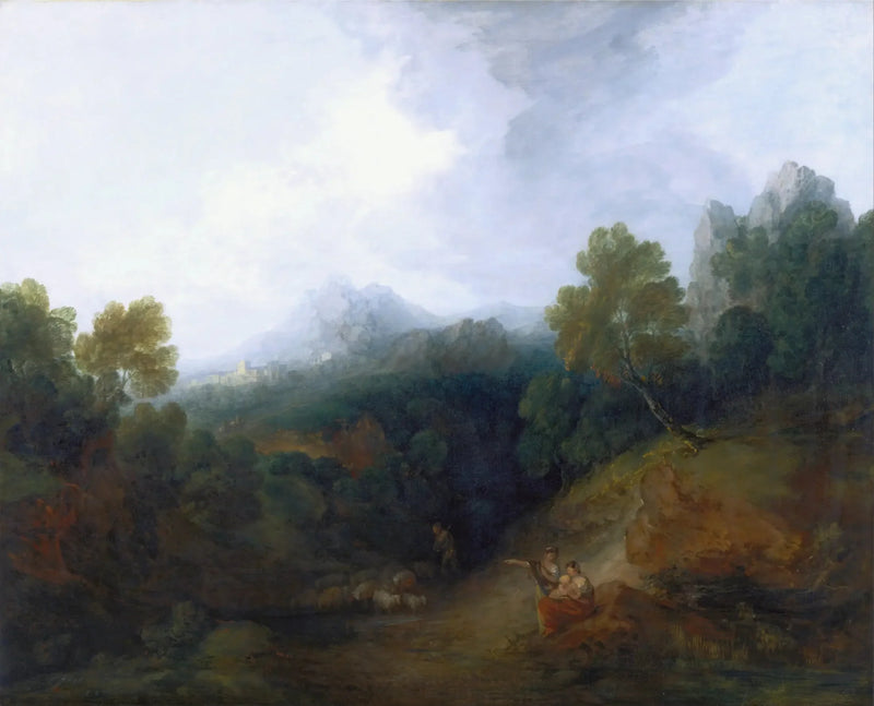 Vale da montanha com personagens e uma aldeia distante - Thomas Gainsborough