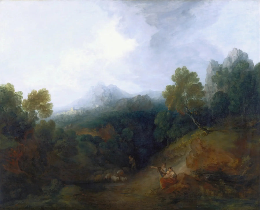 Vale da montanha com personagens e uma aldeia distante - Thomas Gainsborough