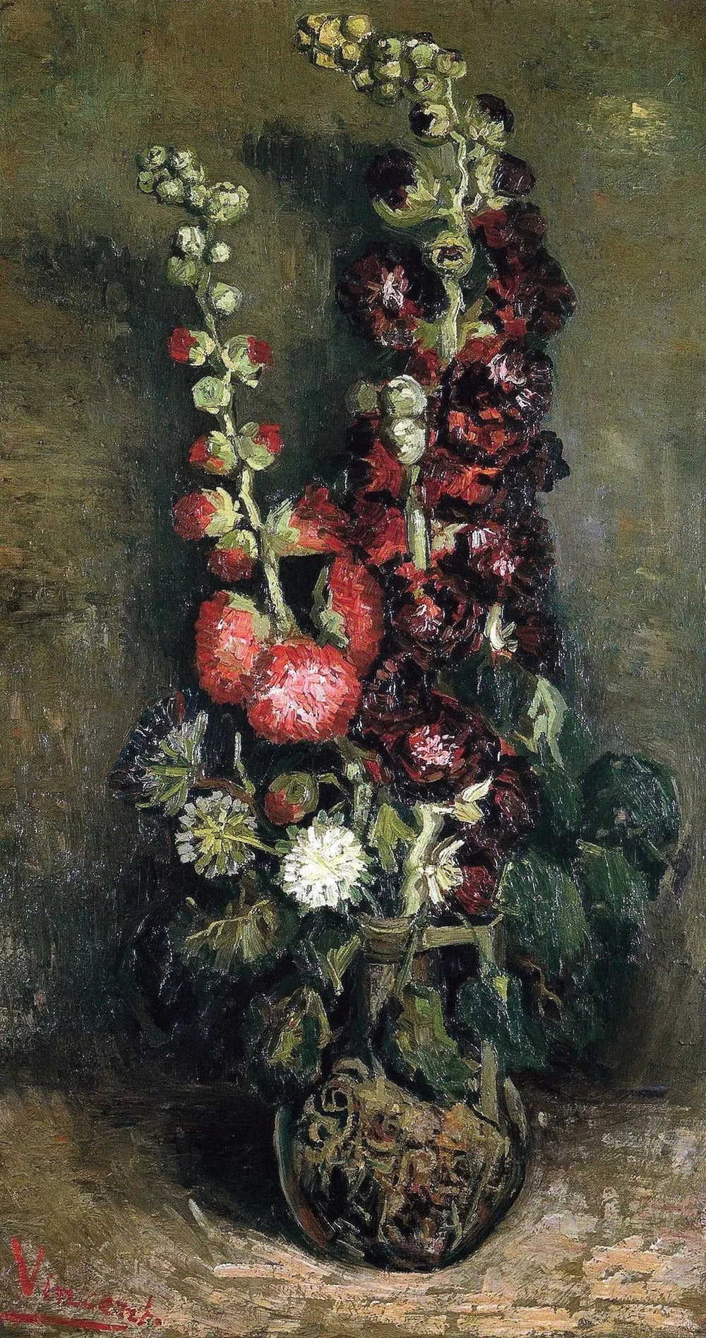 Reproduction du tableau « Vase de roses trémières - Vincent van Gogh » par Alpha Reproduction en peinture à l’huile