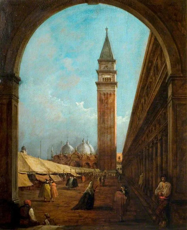Venise : uma feira na Praça de São Marcos vista através de um arco na extremidade sudoeste - Francesco Guardi