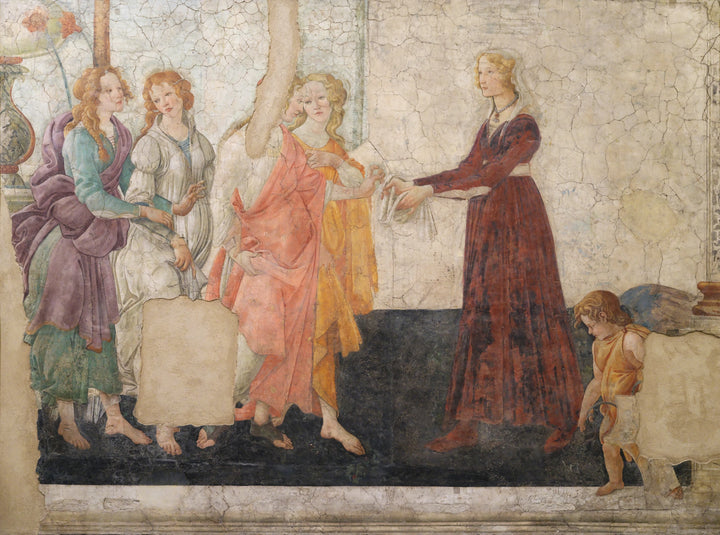 Vênus e as três Graças oferecendo presentes a uma jovem, por volta de 1483-1486 - Botticelli