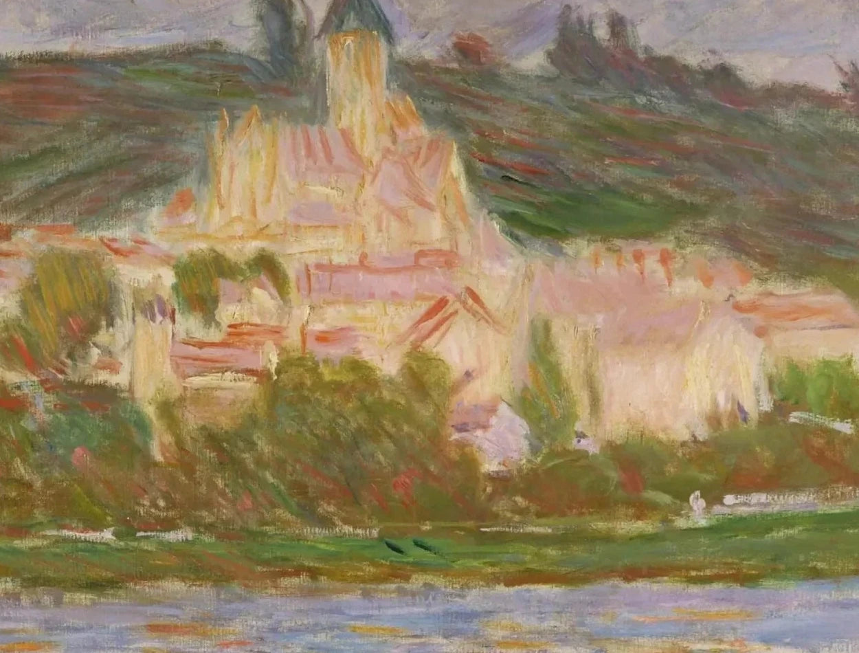 Détail de l’église et du village de Vétheuil dans la lumière rose