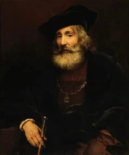 Velho sentado com um bastão em um traje extravagante - Rembrandt