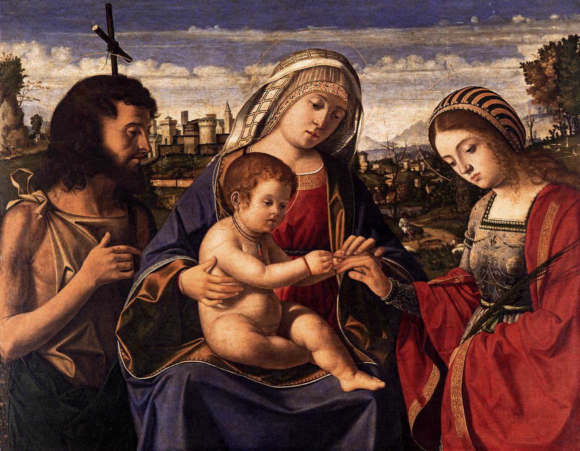 Vierge à l'Enfant avec saint Jean-Baptiste et sainte Catherine d'Alexandrie - Andrea Previtali image 1 copie de tableau peinte à la main