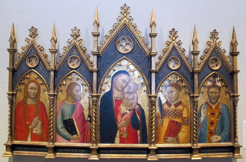 Vierge à l'Enfant, com Santa Maria Madalena, São Tiago Maior, São Étienne e um bispo. - Allegretto Nuzi