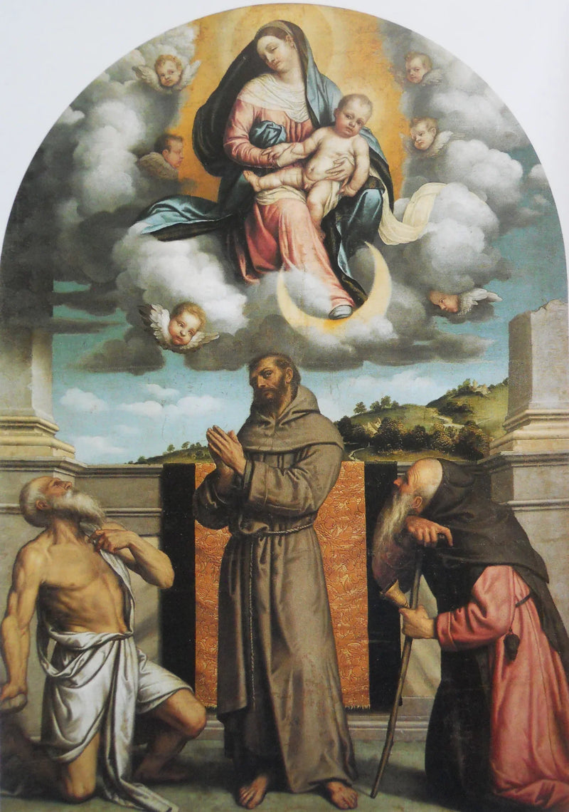 Virgem com o Menino em glória com São Jerônimo, São Francisco de Assis e São Antônio do Abad - Alessandro Bonvicino