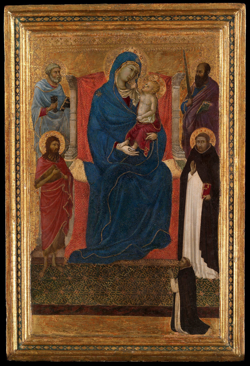 Virgem com o Menino em majestade com São Pedro, São Paulo, São João Batista, São Domingos e um doador - Ugolino di Nerio