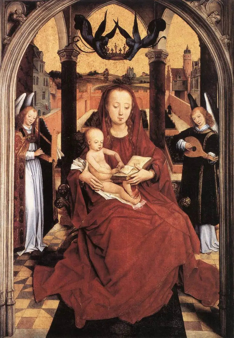 Virgem com o Menino no trono com dois anjos músicos - Hans Memling