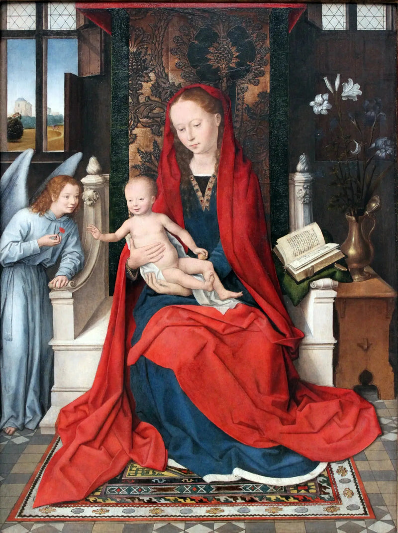 Virgem com o Menino no trono com um anjo - Hans Memling