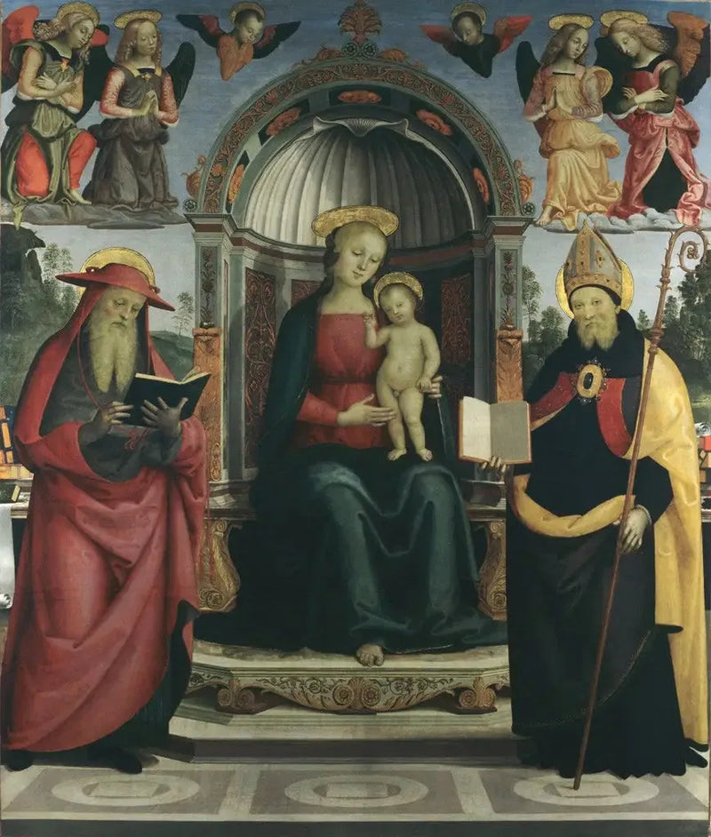 Virgem com o Menino no trono entre São Jerônimo, Santo Agostinho, quatro anjos e dois querubins - Pietro Perugino