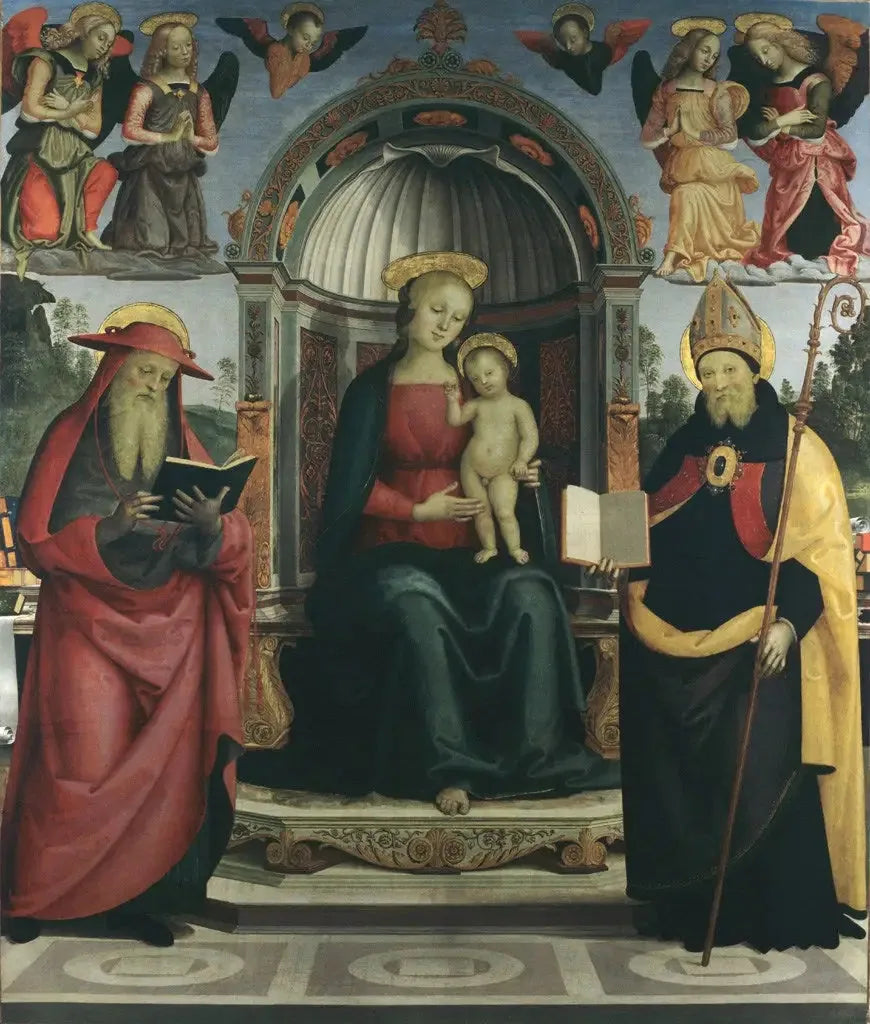 Virgem com o Menino no trono entre São Jerônimo, Santo Agostinho, quatro anjos e dois querubins - Pietro Perugino